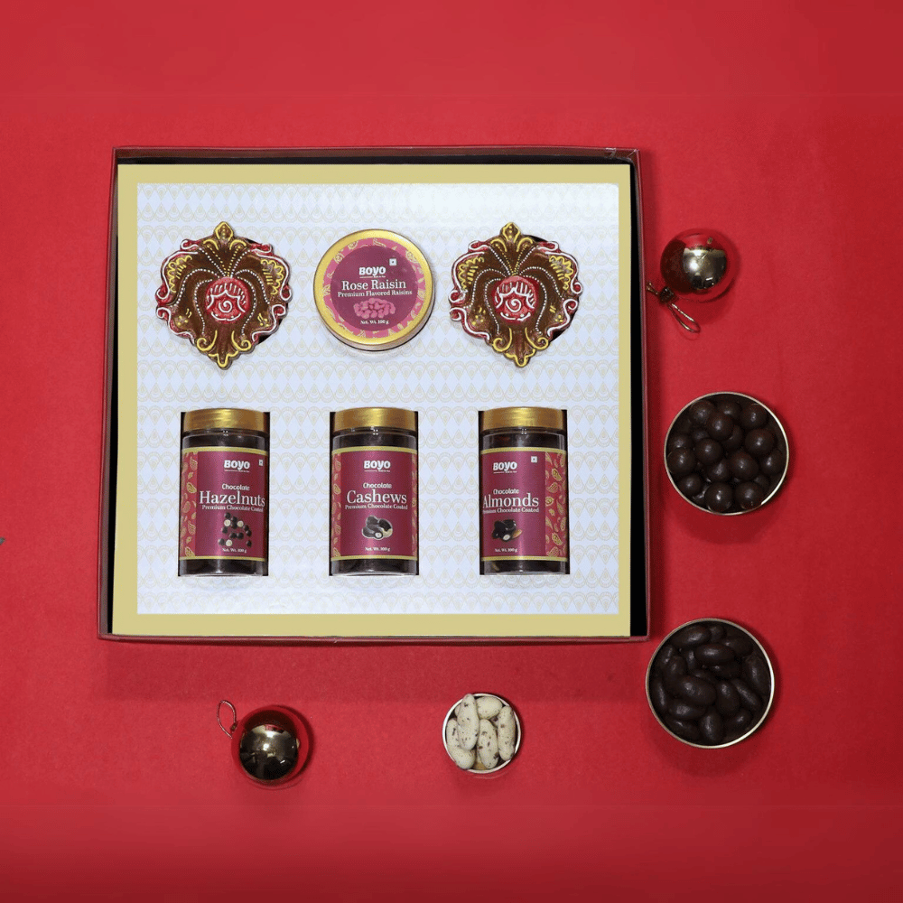 BOYO Dry Fruits Diwali Gift Box 400g- Chocolate Cashew 100g, Chocolate Almond 100g, chocolate hazelnut 100g, Rose Raisin 100g