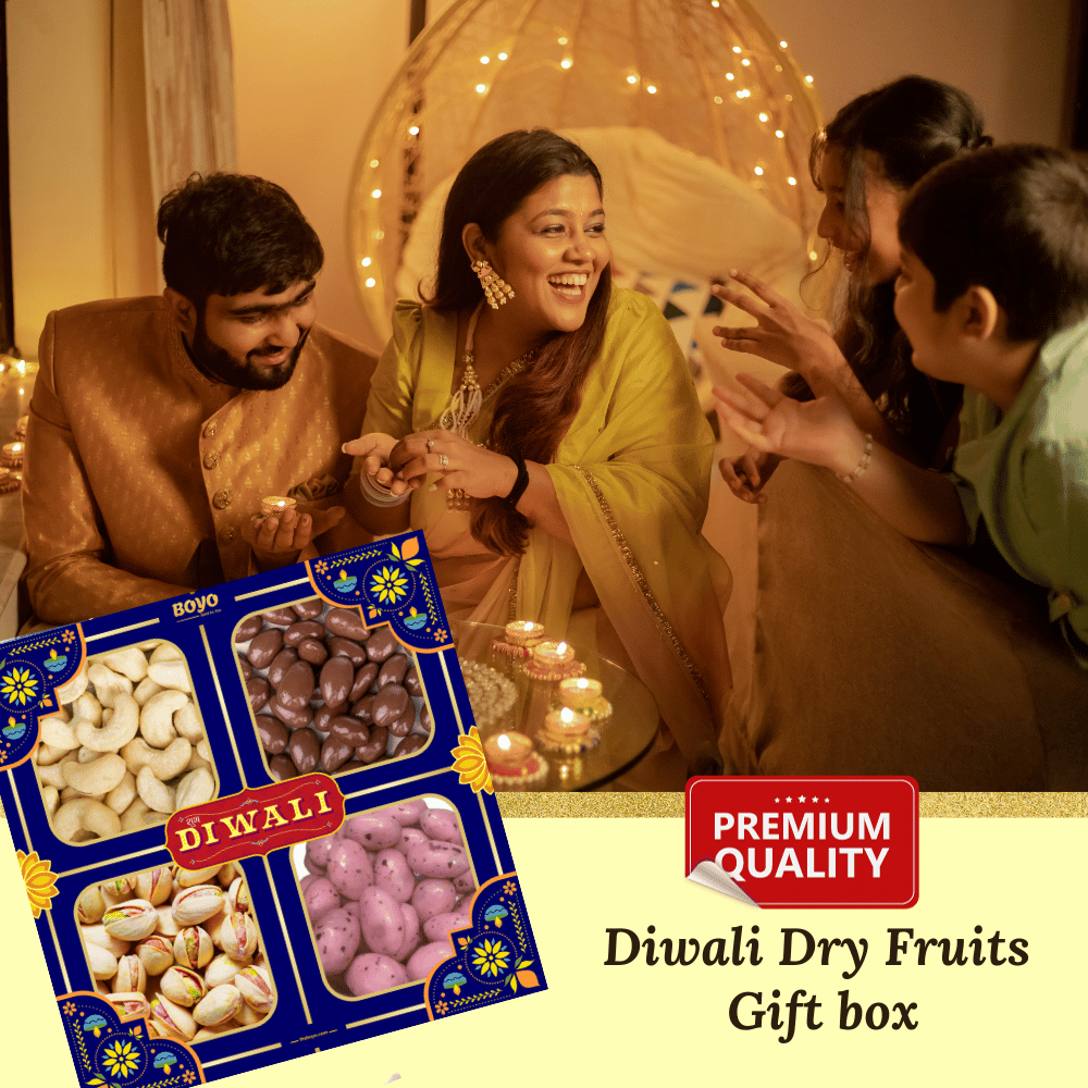 BOYO Dry Fruits Diwali Gift Box 400g-Raw cashew 80g, Raw Almond 120g, Kulfi Raisin 100g, Chocolate Almonds 100g.